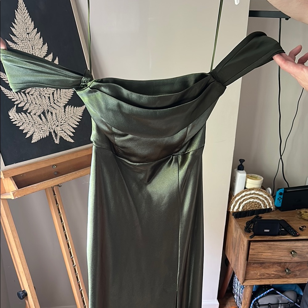 Birdy Grey Olive Green Off-Shoulder Bridesmaid Dress Size XS Removable Sleeves